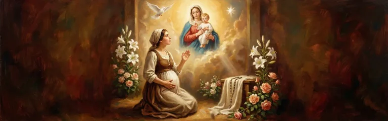 Kobieta w ciąży trzymająca się za brzuch, modlitwa matki oczekującej potomstwa do Matki Bożej, symbolika maryjna.