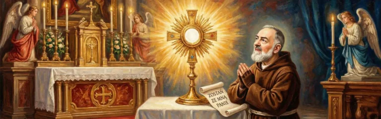 Wizerunek Jezusa Eucharystycznego lub św. Ojca Pio odmawiającego modlitwę Zostań ze mną Panie
