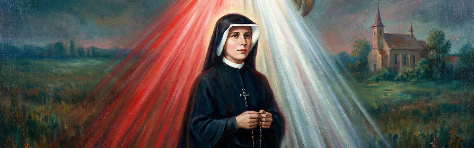 Wizerunek św. Faustyny Kowalskiej w habicie, trzymającej różaniec na tle promieni Bożego Miłosierdzia.