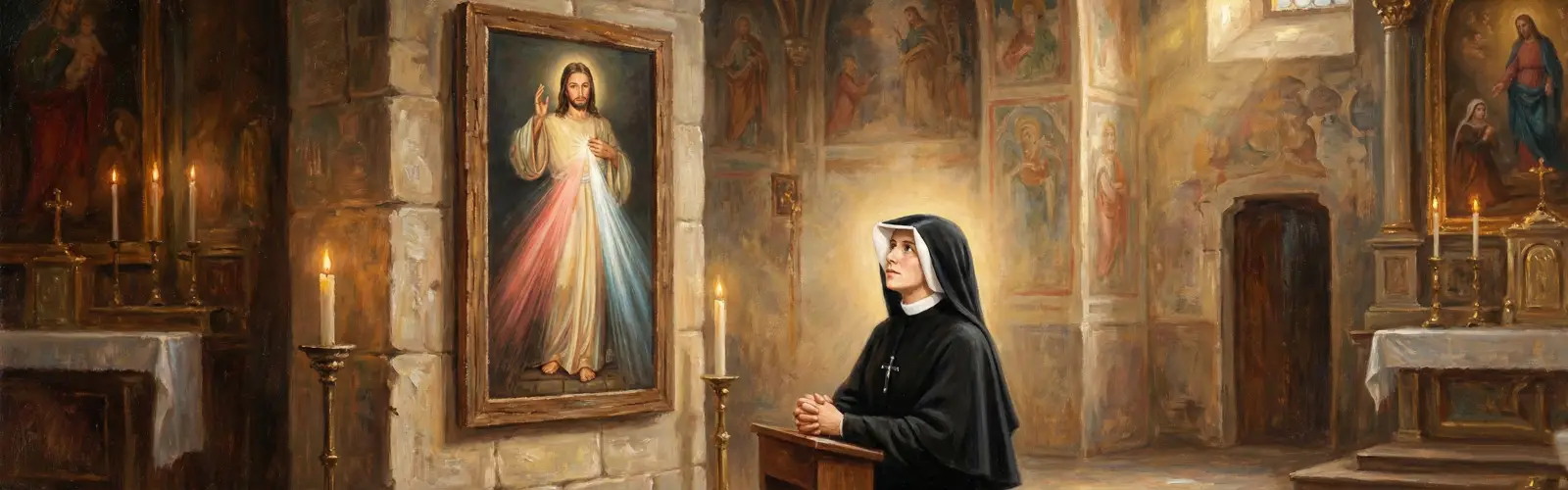 Święta Faustyna Kowalska patrząca na obraz Jezusa Miłosiernego.