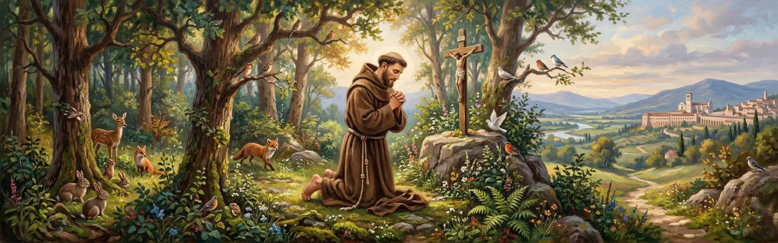 Święty Franciszek z Asyżu w habicie, modlący się w otoczeniu przyrody.