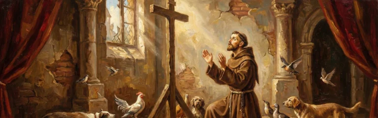Święty Franciszek z Asyżu modlący się przed krzyżem.