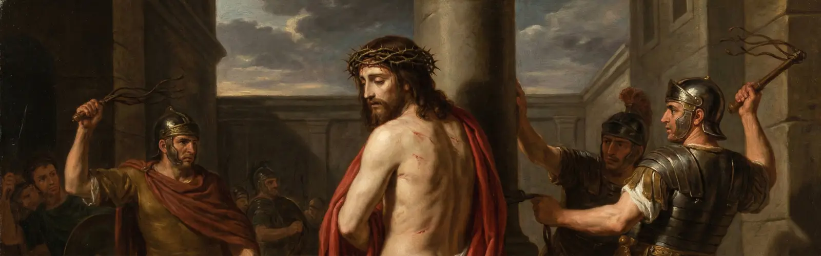 Jezus Chrystus w koronie cierniowej i czerwonym płaszczu podczas biczowania.