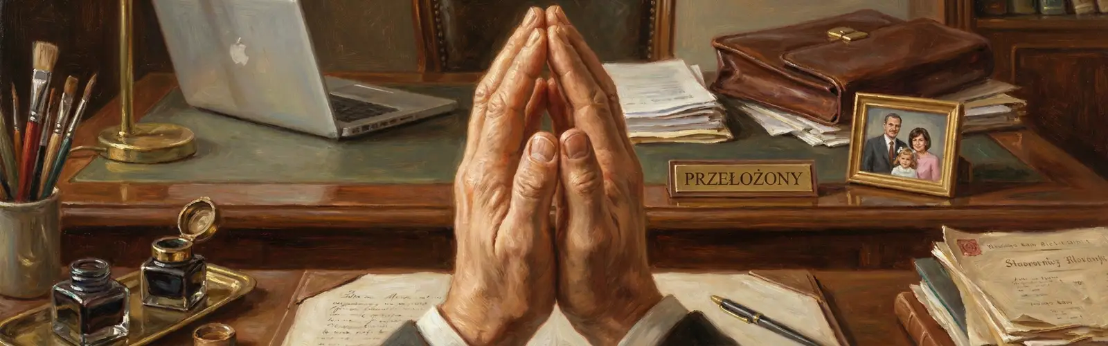 Dłonie złożone do modlitwy na tle biurka w pracy symbolizujące modlitwę za przełożonego.