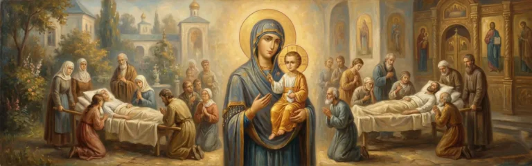 Ikona Maryi Uzdrowienie Chorych, tło do tekstu modlitwy do Matki Bożej za chorego