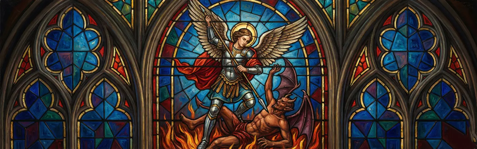 Święty Michał Archanioł strącający szatana do czeluści - witraż kościelny.