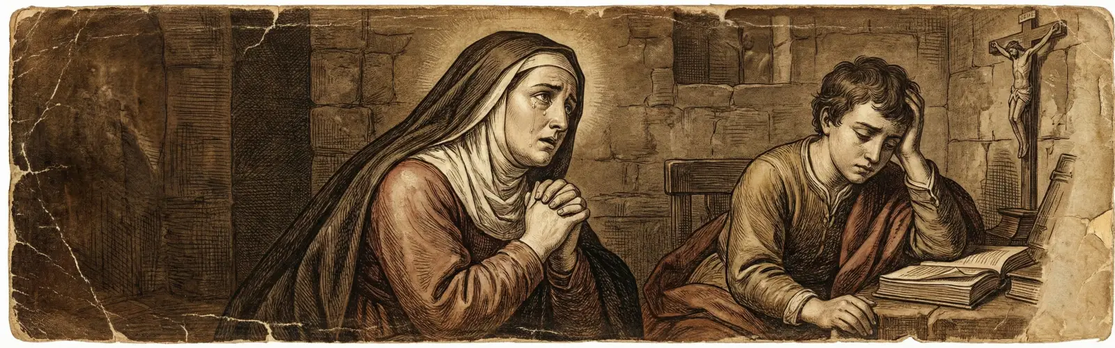Święta Monika modląca się za św. Augustyna stary druk z modlitewnika.