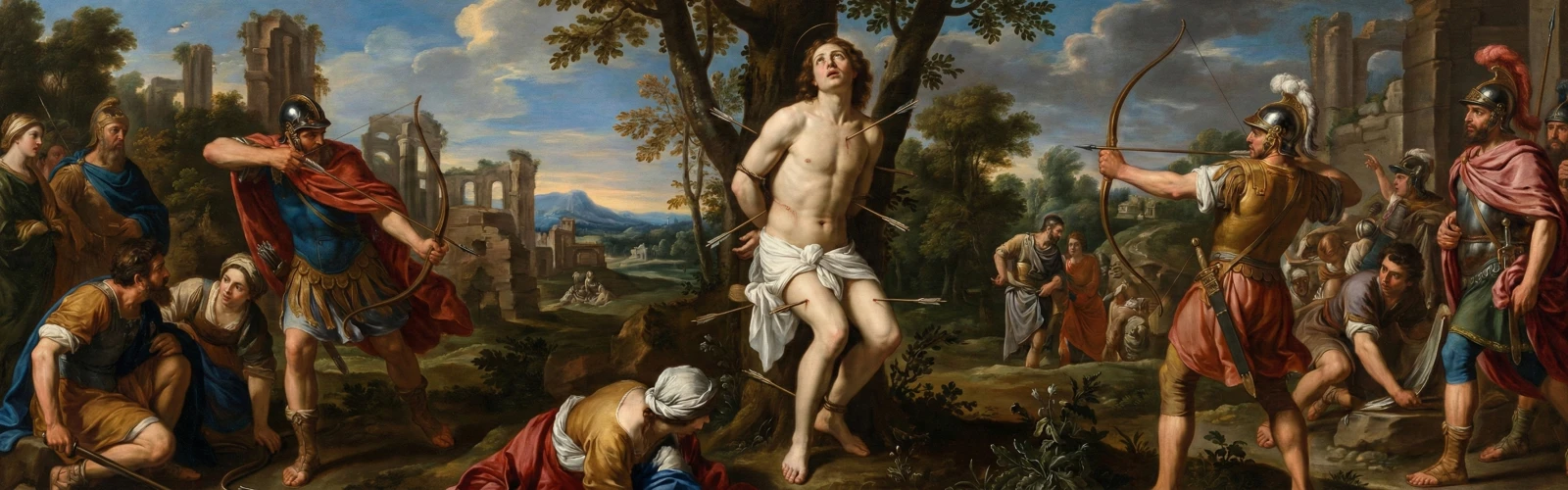 Święty Sebastian męczennik przywiązany do drzewa przebity strzałami – wizerunek religijny