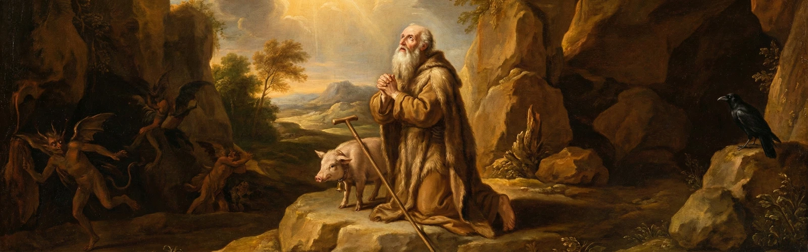 Modlitwa do św. Antoniego Wielkiego (pustelnika). Święty modlący się przy jaskini, w otoczeniu demonów i świnki stojącej obok