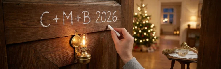 Modlitwa o błogosławieństwo domu – Trzech Króli (K+M+B i C+M+B 2026) - dłoń pisząca napis na drzwiach