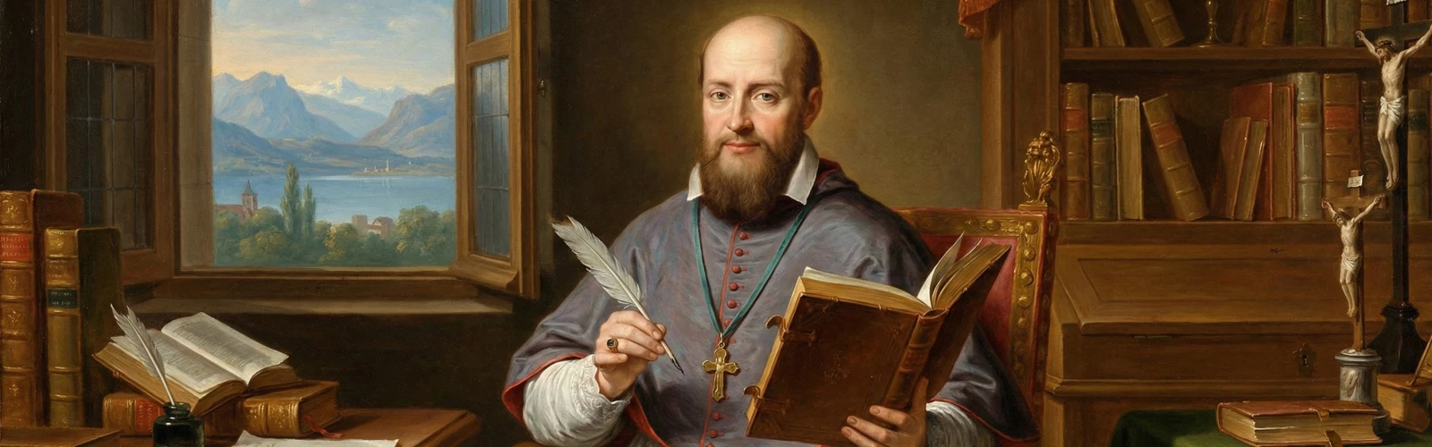 Portret św. Franciszka Salezego biskupa trzymającego pióro i księgę