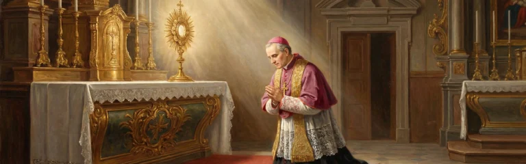 Święty Józef Sebastian Pelczar w stroju biskupim modlący się przed Najświętszym Sakramentem