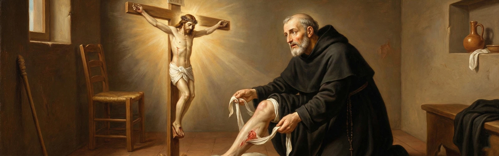 Święty Peregryn Laziosi, patron chorych na nowotwory, przedstawiony podczas objawienia Chrystusa zdejmującego bandaże z jego chorej nogi.