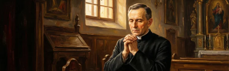 Portret błogosławionego księdza Michała Sopoćki w sutannie modlącego się w skupieniu.