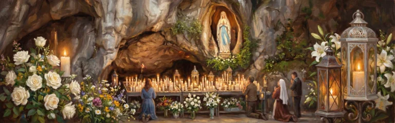 Figura Matki Bożej z Lourdes w Grocie Massabielskiej lampiony i kwiaty.