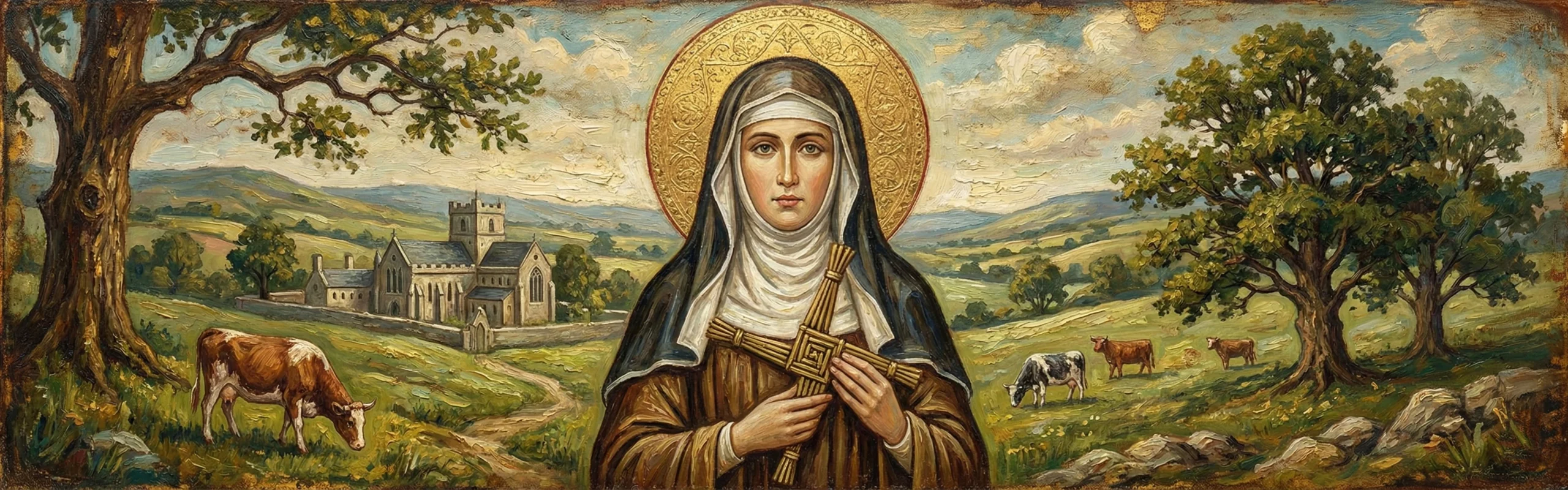 Ikona św. Brygidy z Kildare trzymającej tradycyjny krzyż z trzciny.