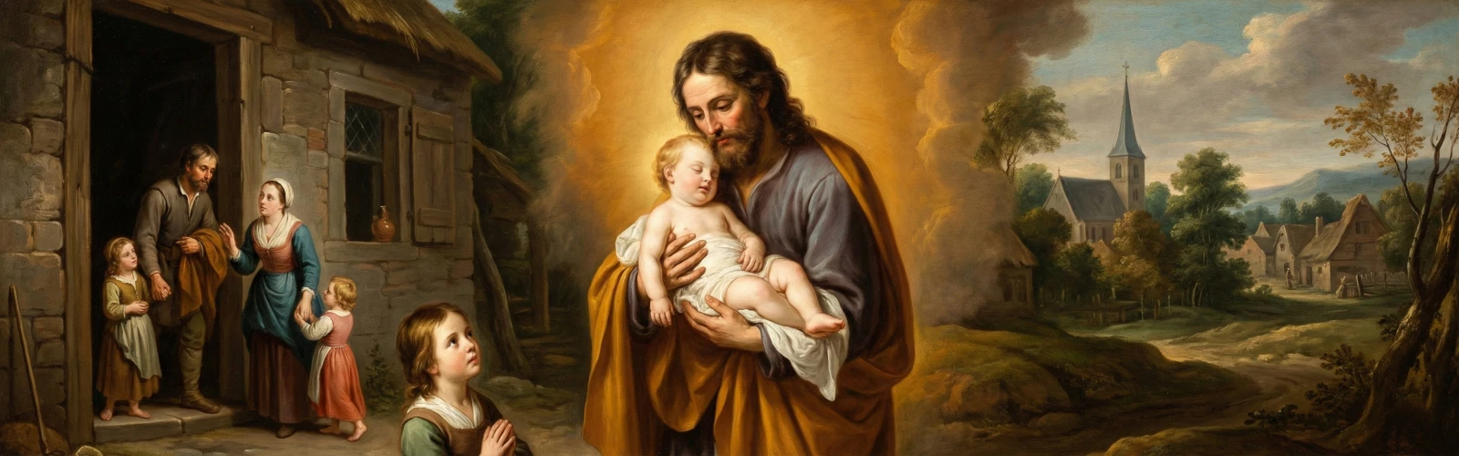Wizerunek Świętego Józefa z Dzieciątkiem Jezus czuwającego nad domem i rodziną.