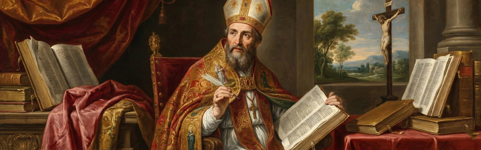Portret św. Augustyna biskupa w szatach liturgicznych, trzymającego pióro i księgę.