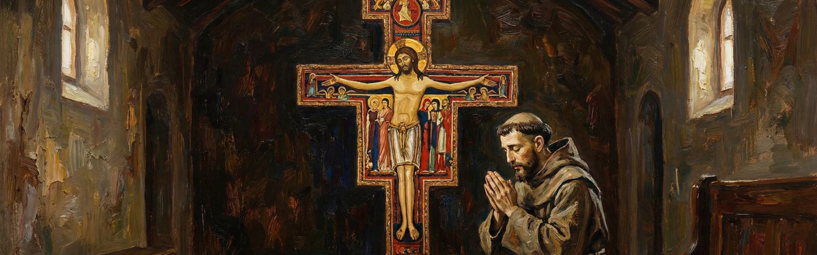 Święty Franciszek z Asyżu modlący się w ciszy przed słynnym Krucyfiksem z kościoła San Damiano