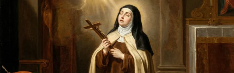 Święta Teresa z Ávili pogrążona w modlitwie, trzymająca w dłoniach krzyż, symbolizująca całkowitą ufność Bogu.