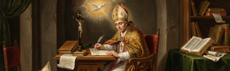 Święty Raban Maur w szatach biskupich piszący hymn O Stworzycielu Duchu przyjdź.