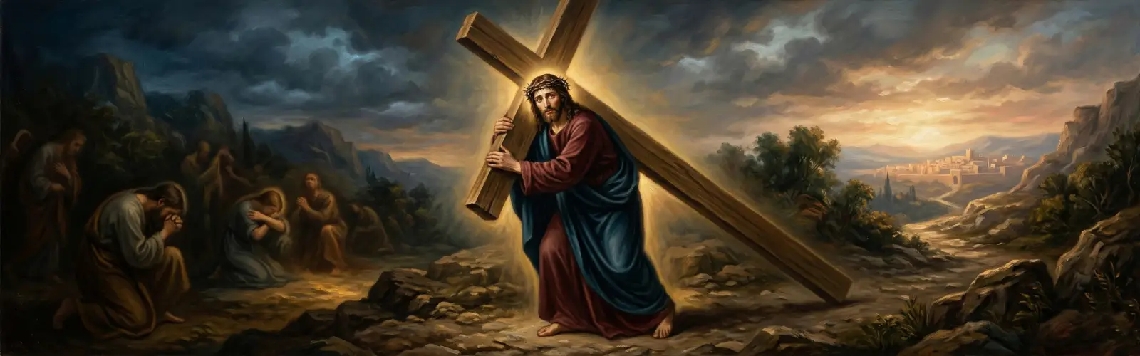 Jezus niosący krzyż, symbolizujący duchowe wsparcie i nadzieję w walce z depresją i głębokim smutkiem.