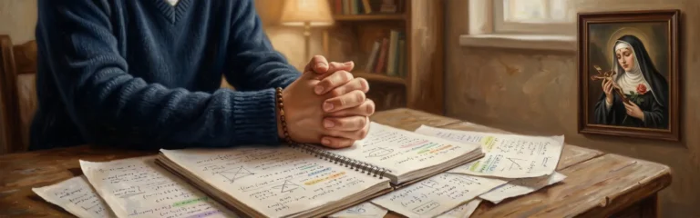 Złożone do modlitwy dłonie studenta oparte na otwartych notatkach z wizerunkiem świętej Rity w tle.
