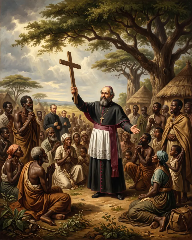 Święty Daniel Comboni w stroju biskupim z krzyżem misyjnym w otoczeniu mieszkańców Afryki