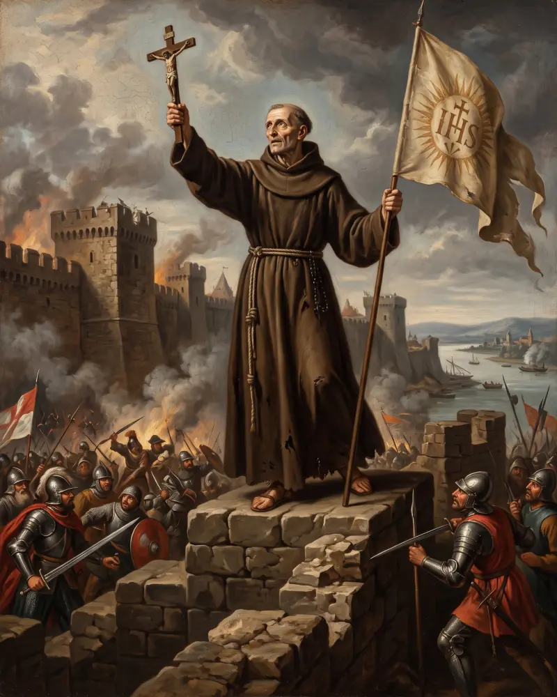 Święty Jan Kapistran w brązowym franciszkańskim habicie wznosi krucyfiks oraz chorągiew z monogramem IHS na tle murów obronnych Belgradu.