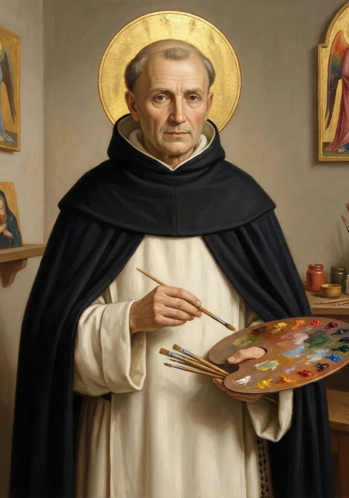 Błogosławiony Fra Angelico Jan z Fiesole w habicie trzymający pędzel i paletę malarską.