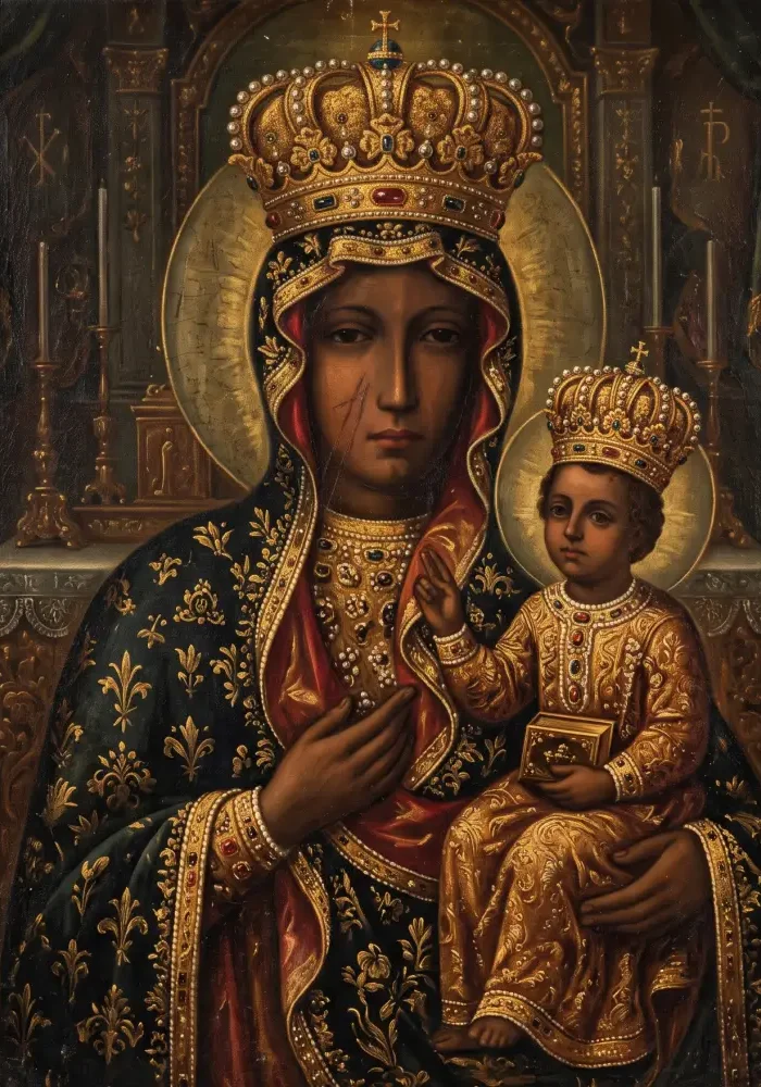 Cudowny obraz Matki Bożej Częstochowskiej w bogato zdobionej szacie i złotych korona papieskich, przedstawiający Maryję wskazującą dłonią na Dzieciątko Jezus.