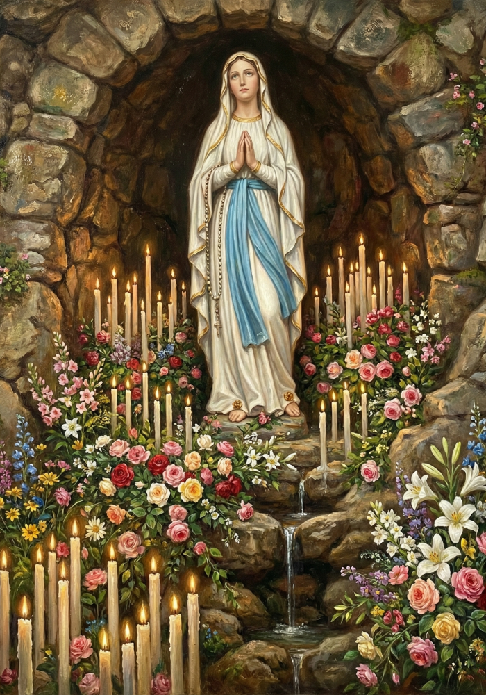 Figura Matki Bożej z Lourdes w grocie Massabielle otoczona kwiatami i świecami.