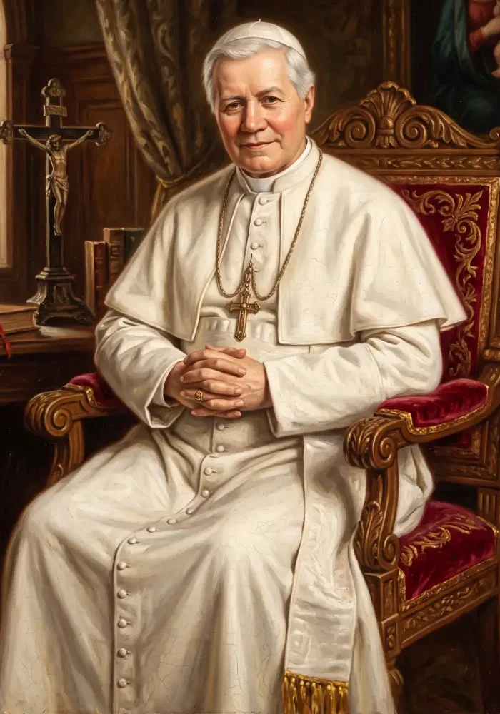 Portret papieża świętego Piusa X w białej sutannie, z łagodnym uśmiechem na twarzy i dłońmi złożonymi do modlitwy.