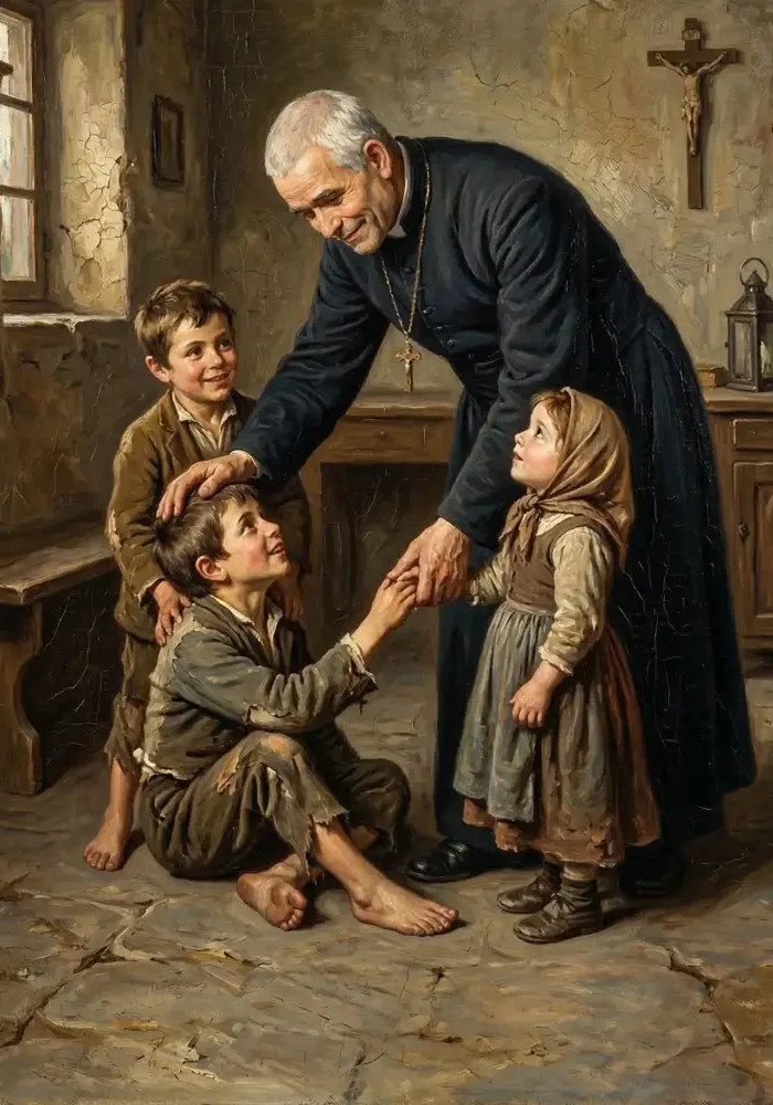 Portret św. Alojzego Orione, włoskiego duchownego pochylającego się nad dziećmi, założyciela zgromadzenia orionistów.