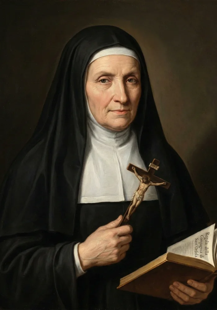 Portret Świętej Anieli Merici założycielki Urszulanek trzymającej krucyfiks i księgę reguł.