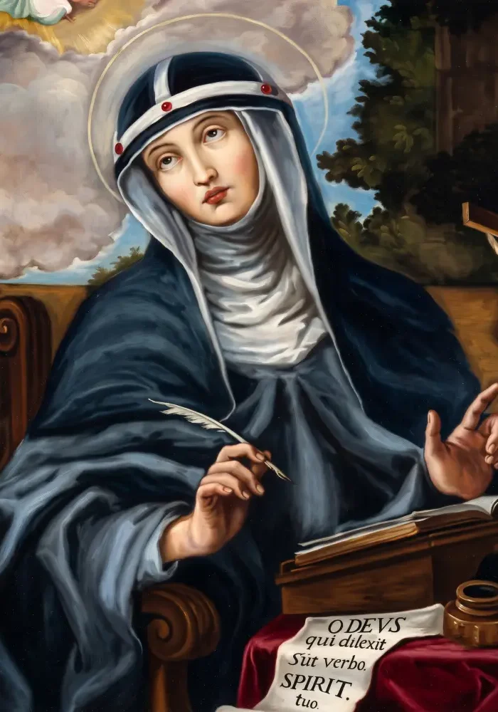 Święta Brygida Szwedzka w zakonnym welonie, pisząca gęsim piórem swoje objawienia w wielkiej księdze.