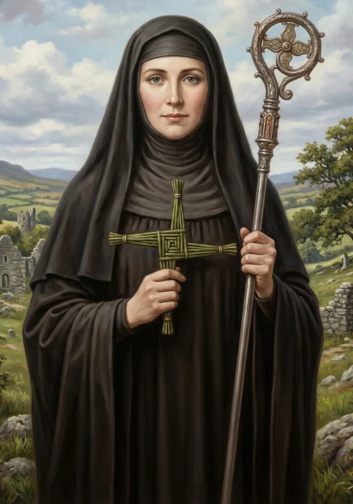 Święta Brygida z Kildare w habicie trzymająca w dłoniach pleciony krzyż z sitowia oraz pastorał, w tle celtycki krajobraz.