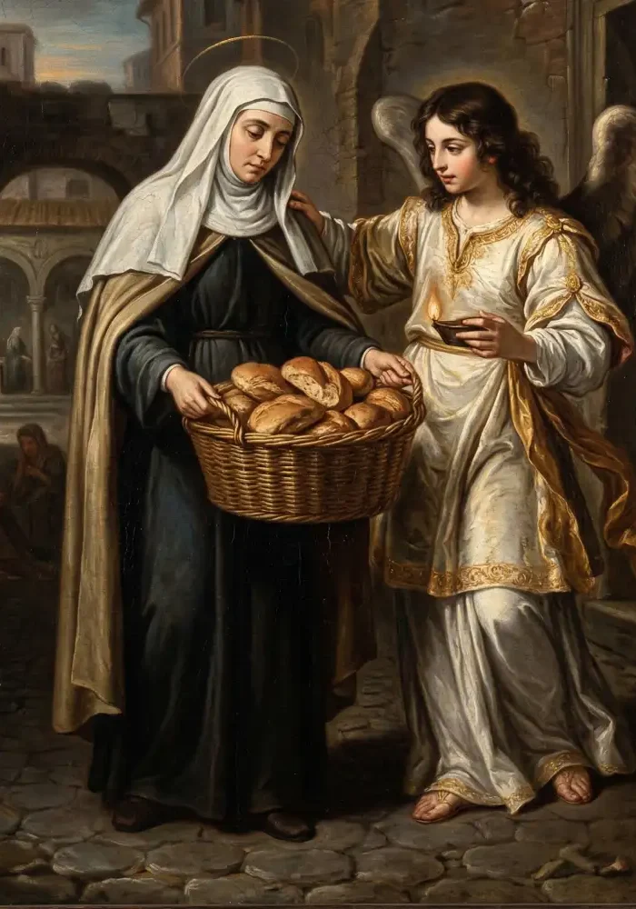 Święta Franciszka Rzymianka w towarzystwie swojego Anioła Stróża i kosza z chlebem dla ubogich.