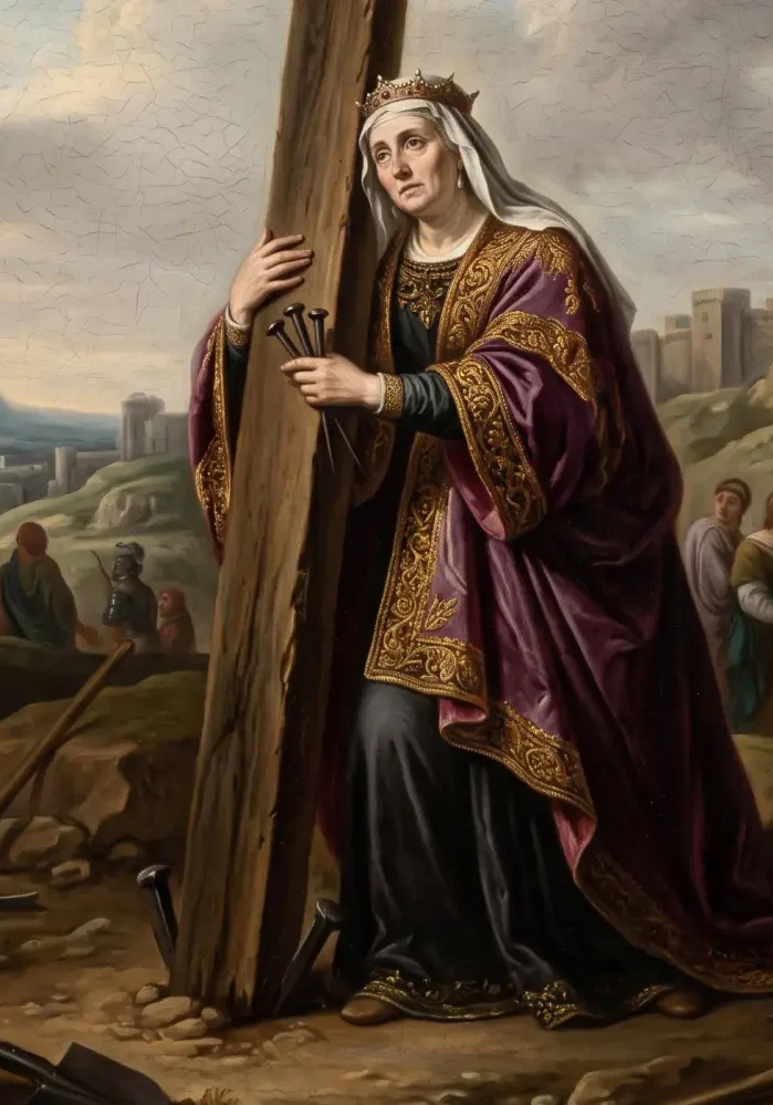 Święta Helena Cesarzowa w bogato zdobionej, złotej szacie i koronie, opierająca się o wielki drewniany Krzyż Święty na wzgórzu Golgota w Jerozolimie.