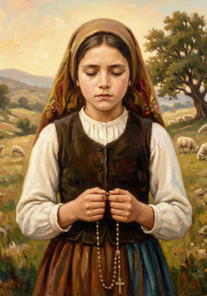 Święta Hiacynta Marto, portugalska dziewczynka i wizjonerka z Fatimy podczas modlitwy różańcowej.