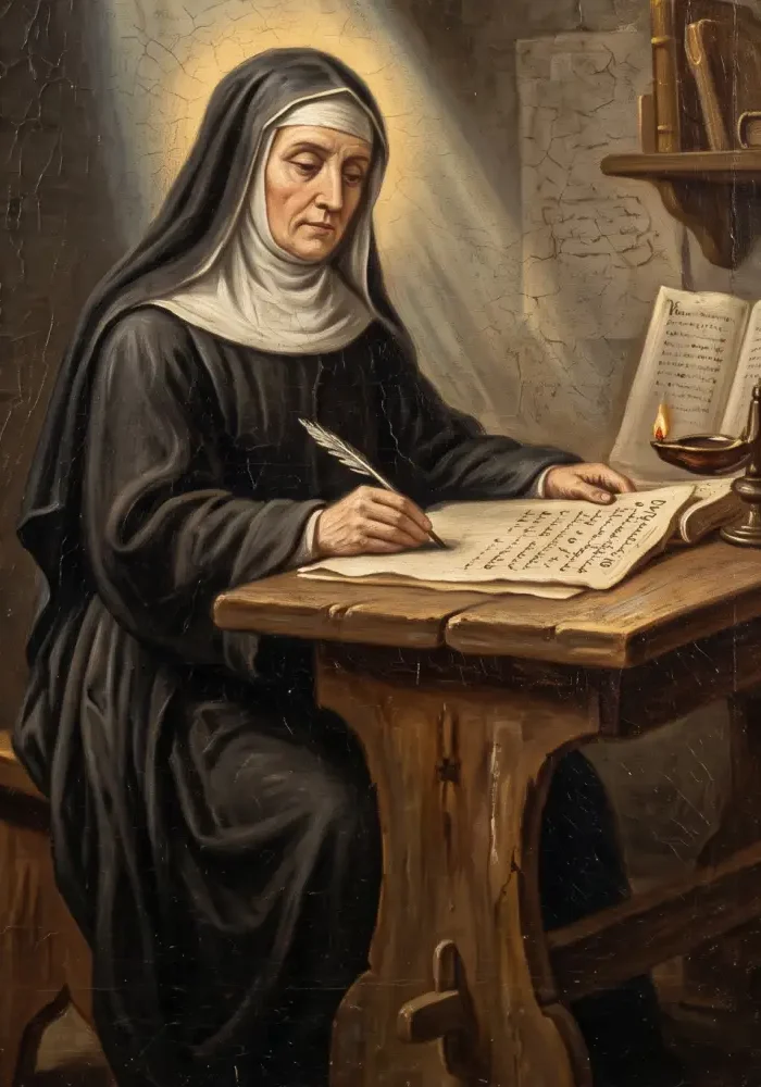 Święta Hildegarda z Bingen w czarnym habicie benedyktyńskim, siedząca przy pulpicie w klasztornej celi i zapisująca gęsim piórem nadprzyrodzone wizje spływające na nią z nieba w postaci promieni światła.