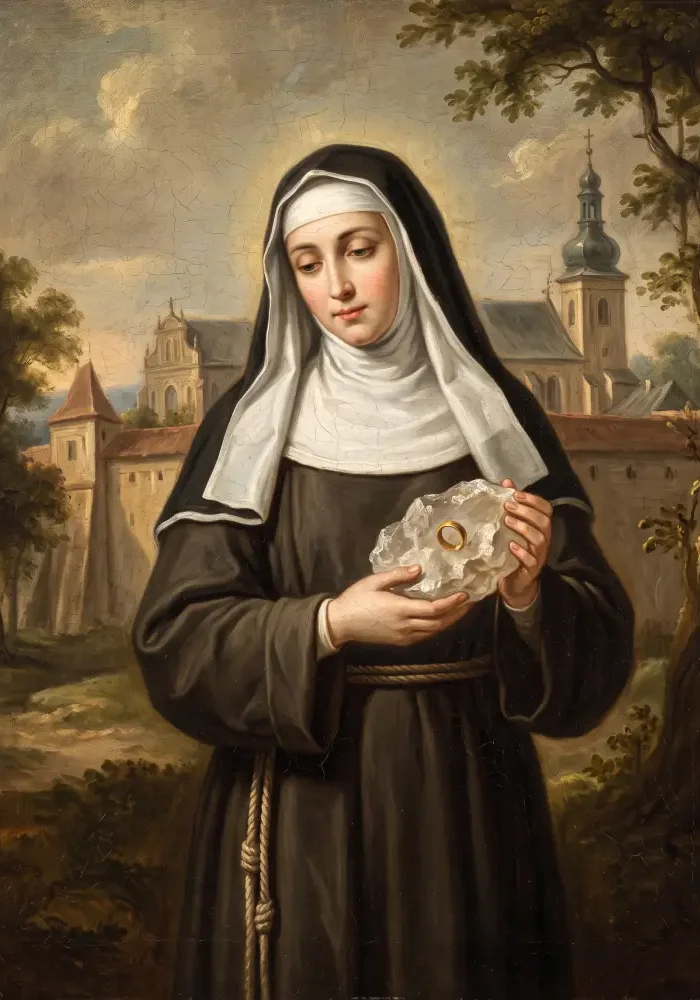 Święta Kinga w szatach zakonnych klarysek, trzymająca w dłoni bryłkę soli kamiennej z zatopionym w niej złotym pierścieniem, w tle zarys klasztoru w Starym Sączu.