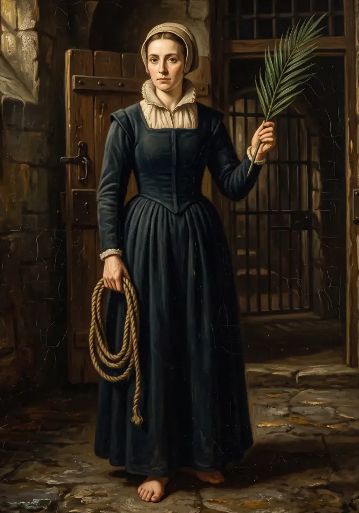 Święta Małgorzata Ward w prostej sukni z epoki elżbietańskiej, trzymająca w dłoni sznur symbolizujący ucieczkę z więzienia oraz palmę męczeńską.