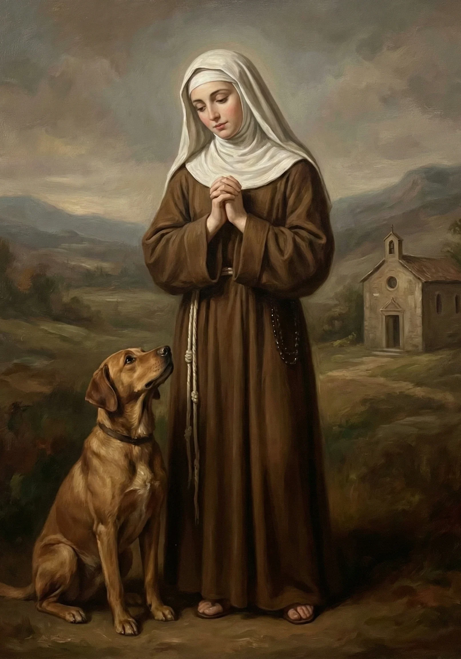 Święta Małgorzata z Kortony w habicie franciszkańskim w towarzystwie wiernego psa.