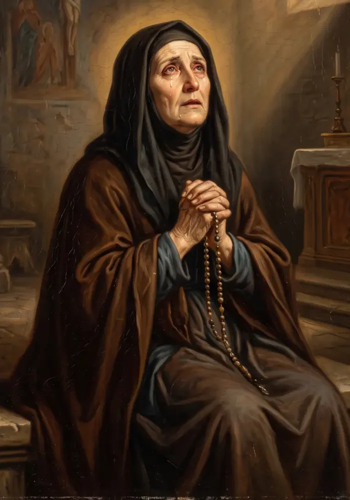 Święta Monika w ciemnych szatach wdowich ze łzami w oczach, trzymająca w dłoniach różaniec i wpatrująca się z nadzieją w niebo.
