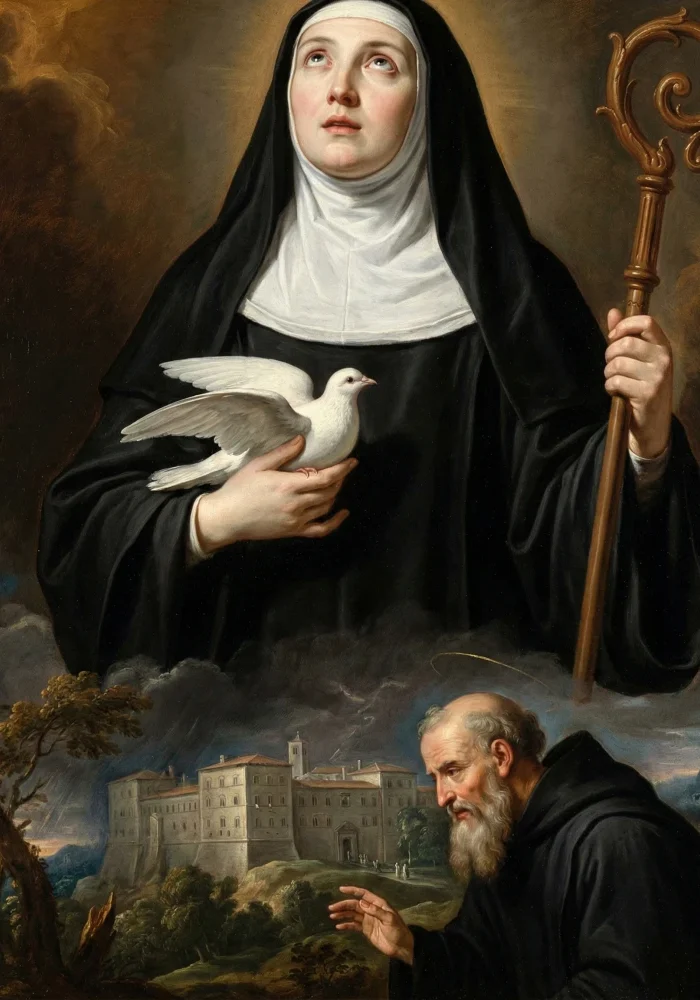 Święta Scholastyka w habicie benedyktyńskim trzymająca gołębia i pastorał, spoglądająca w niebo.
