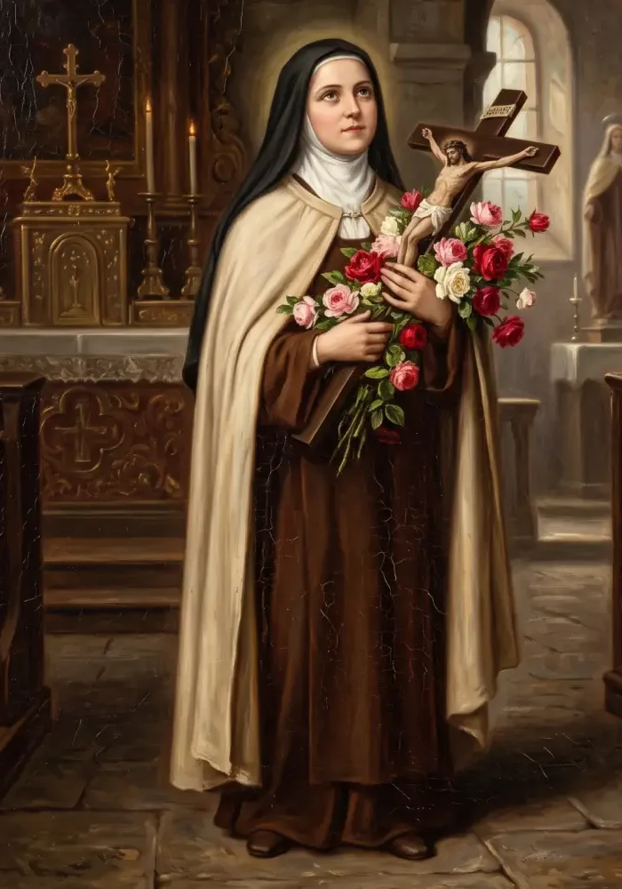 Święta Teresa od Dzieciątka Jezus w tradycyjnym brązowo-beżowym habicie karmelitańskim, trzymająca w ramionach krucyfiks oraz bukiet świeżych róż.
