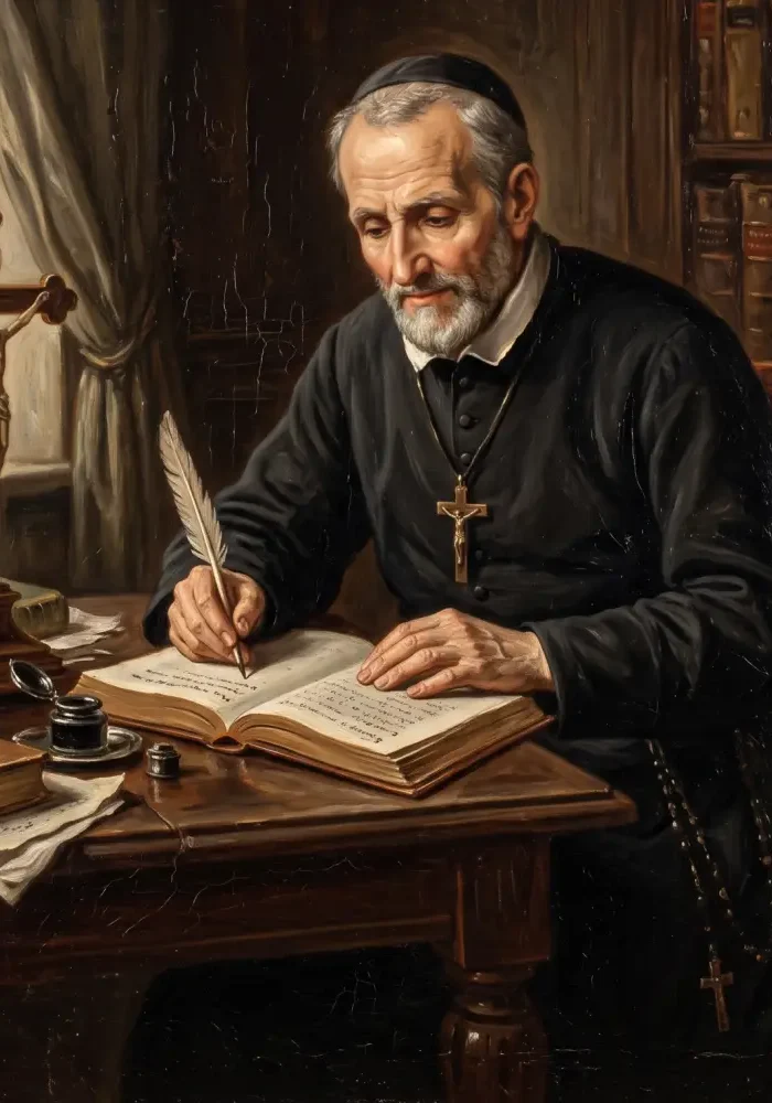 Święty Alfons Maria Liguori w czarnym habicie redemptorysty, z wyrazem głębokiego skupienia na twarzy, piszący gęsim piórem księgę przy biurku, na którym stoi krucyfiks