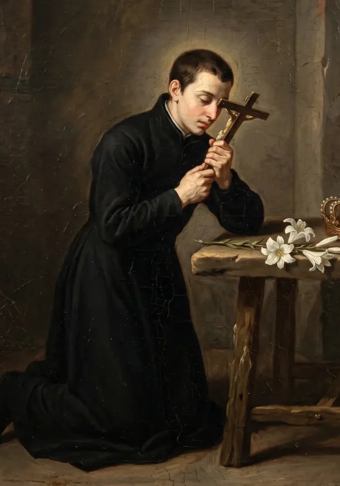 Młody Święty Alojzy Gonzaga w czarnej sutannie jezuickiej, wpatrzony w krzyż trzymany w dłoniach. Obok niego leży biała lilia symbolizująca czystość oraz odrzucona korona książęca.