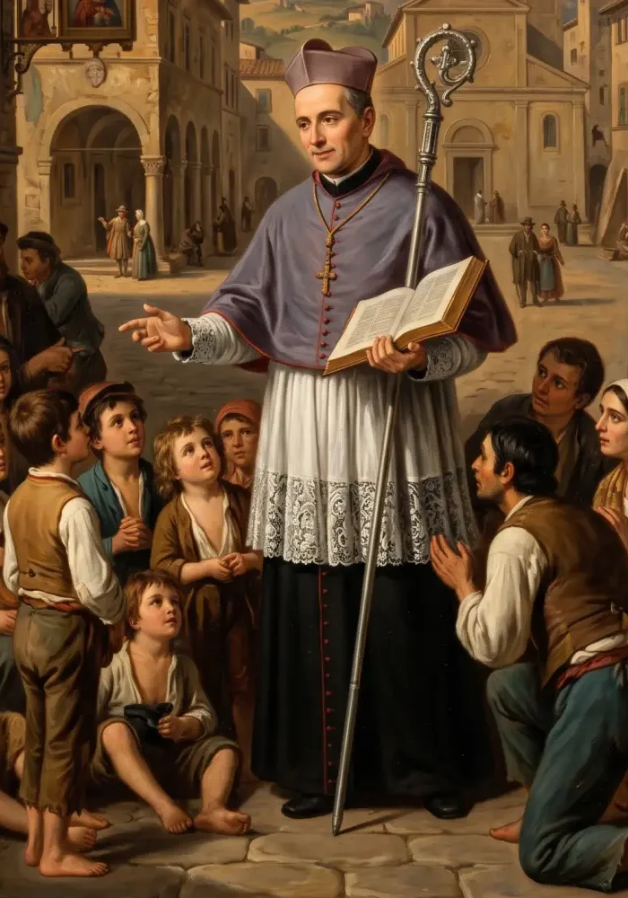 Święty Antoni Maria Gianelli z pastorałem i księgą w dłoni, nauczający ubogich i dzieci na tle włoskiego miasteczka.